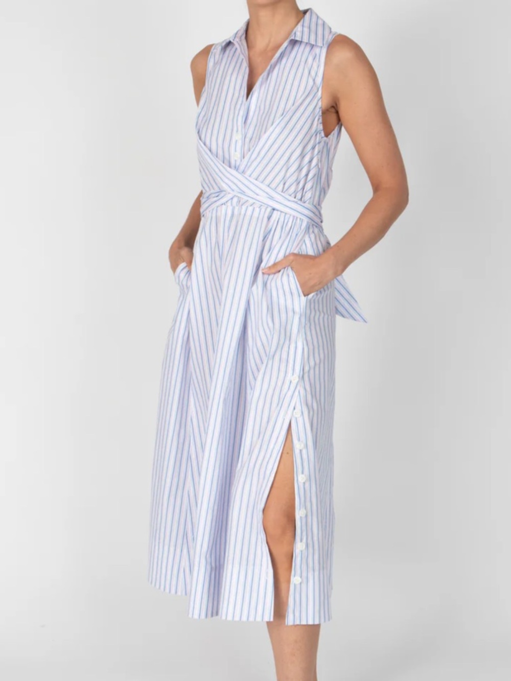 10 Crosby Derek Lam  Shanaya Blue & White Striped Collared Wrap Midi Dress